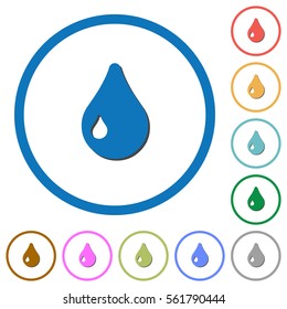 Drop flat color vector icons with shadows in round outlines on white background
