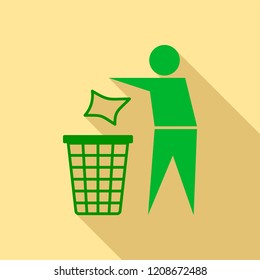 Drop garbage in bin icon. Flat illustration of drop garbage in bin vector icon for web design