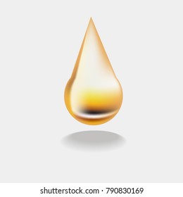 Drop of golden oil icon, falling liquid with shining bright surface, symbol of nutrition, natural make up, skincare, healthy cooking or ecological oil production. Illustration isolated on white