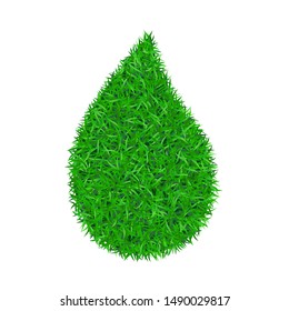 Drop green grass 3D. Green droplet liquid isolated white background. Bright field, nature lawn. Meadow texture. Eco fresh element, ecological environment, ecology summer energy Vector illustration