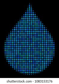 Drop halftone vector icon. Illustration style is dotted iconic drop symbol on a black background. Halftone pattern is created of circle items.