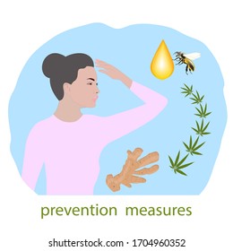 Drop of honey, ginger root, cannabis leaf, woman - isolated on white background - vector. Health care. Preventive measures. Product for the immune system.