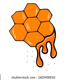 Drop of honey and honeycombs colored and isolated on a white background. Hand drawn stock illustration. Vector illustration for badge, logo, sticker, print.