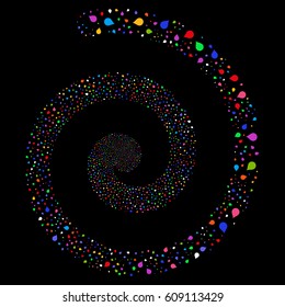 Drop hypnotic swirling spiral. Vector bright multicolored scattered symbols.