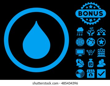 Drop icon with bonus pictogram. Vector illustration style is flat iconic symbols, blue color, black background.