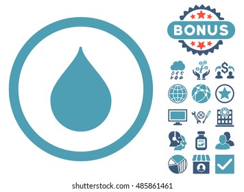 Drop icon with bonus pictogram. Vector illustration style is flat iconic bicolor symbols, cyan and blue colors, white background.