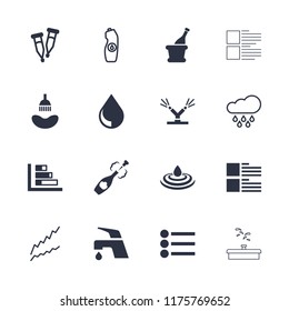 Drop icon. collection of 16 drop filled and outline icons such as shower, pipette, champagne, watering system, graph, water bottle. editable drop icons for web and mobile.