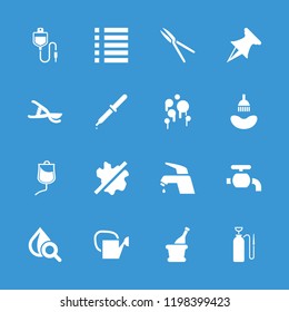 Drop icon. collection of 16 drop filled icons such as shower, garden tools, champagne, blood, pin, tap, watering can, pipette. editable drop icons for web and mobile.