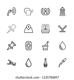 Drop icon. collection of 16 drop outline icons such as pipette, shower, omega, garden tools, fountain, champagne bottle with heart. editable drop icons for web and mobile.