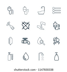 Drop icon. collection of 16 drop outline icons such as soap, no wash, tap, blood, shower, menu, harden hose, hands washing. editable drop icons for web and mobile.