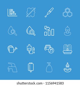 Drop icon. collection of 16 drop outline icons such as shower, graph, watering can, fountain, pipette, car music, soap, honey, no wash. editable drop icons for web and mobile.