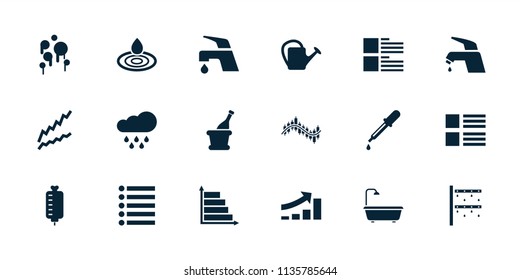 Drop icon. collection of 18 drop filled icons such as pipette, tap, menu, watering can, champagne, rain, blood, graph, shower. editable drop icons for web and mobile.