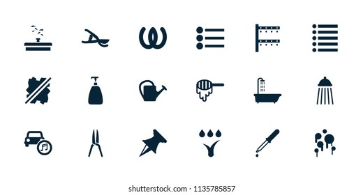 Drop icon. collection of 18 drop filled icons such as honey, shower, soap, omega, garden tools, watering can, irrigation system. editable drop icons for web and mobile.