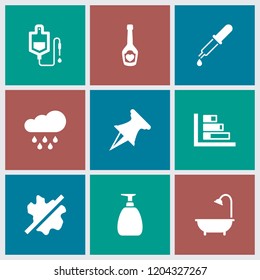 Drop icon. collection of 9 drop filled icons such as champagne bottle with heart, graph, pin, soap, pipette, shower, no wash. editable drop icons for web and mobile.