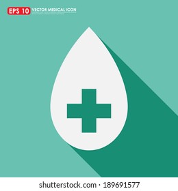 Drop icon with cross sign on light green background - medical symbol