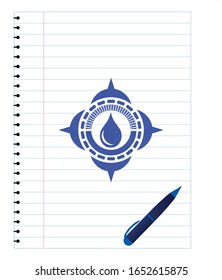 drop icon emblem drawn with pen. Blue ink. Vector Illustration. Detailed.