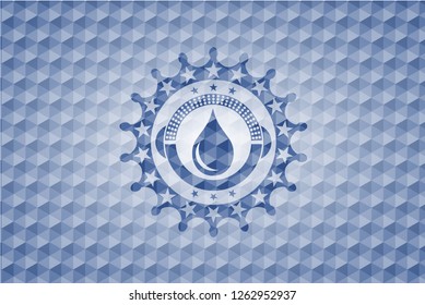 drop icon inside blue badge with geometric pattern.