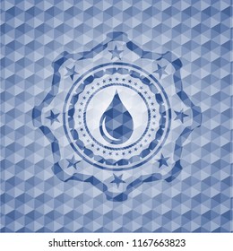 drop icon inside blue emblem with geometric background.