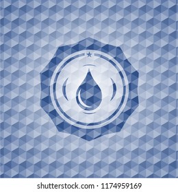 drop icon inside blue emblem or badge with abstract geometric pattern background.