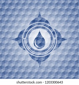 drop icon inside blue emblem or badge with geometric pattern background.