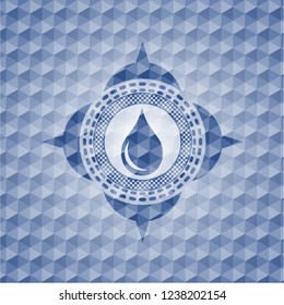 drop icon inside blue emblem with geometric background.