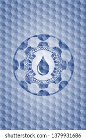 drop icon inside blue emblem or badge with abstract geometric pattern background.
