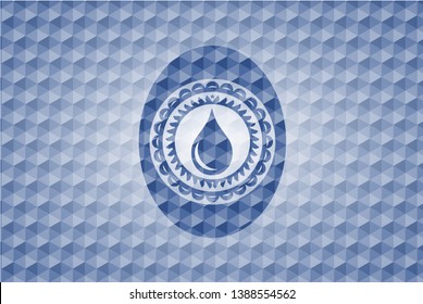 drop icon inside blue emblem with geometric background.