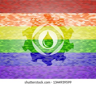 drop icon inside emblem on mosaic background with the colors of the LGBT flag