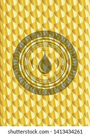 drop icon inside gold shiny emblem. Scales pattern. Vector Illustration. Detailed.