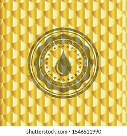 drop icon inside golden badge or emblem. Scales pattern. Vector Illustration. Detailed.