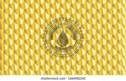 drop icon inside golden badge. Scales pattern. Vector Illustration. Detailed.