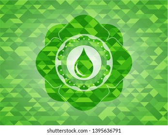 drop icon inside green emblem. Mosaic background