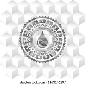 drop icon inside grey badge with geometric cube white background