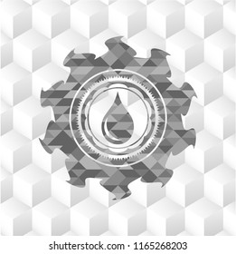 drop icon inside grey emblem with geometric cube white background