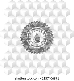 drop icon inside realistic grey emblem with geometric cube white background