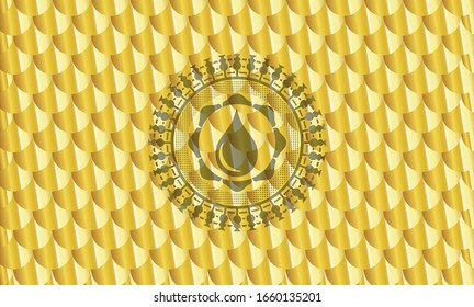 drop icon inside shiny golden badge. Scales pattern. Vector Illustration. Detailed.