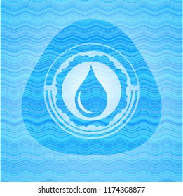 drop icon inside sky blue water badge background.