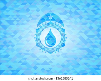 drop icon inside sky blue emblem with triangle mosaic background