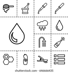 Drop icon. set of 13 outline dropicons such as honey, pipette, water drop, shower, water bottle, garden tools, champagne, drop, rain, opened champagne