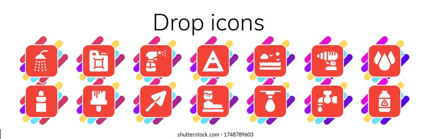 drop icon set. 14 filled drop icons. Included Shower, Eye dropper, Fuel, Paint brush, Spray, Trowel, Air, Water tank, Sea, Drop, Drill, Tap, Gas icons