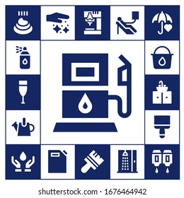 drop icon set. 17 filled drop icons. Included Poo, Paint spray, Champagne, Gas station, Watering can, Paint bucket, Sink, Paint brush, Blood donation, Dust, Gas can, Drill icons