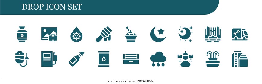  drop icon set. 18 filled drop icons. Simple modern icons about  - Gas, Print, Blood, Honey, Champagne, Night, Waterfall, Plumber, Dropper, Fuel station, Oil, Ultraviolet, Rain