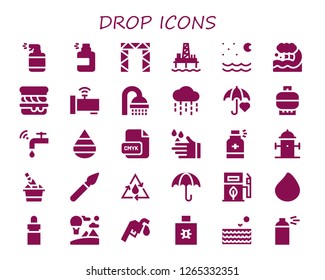  Drop Icon Set. 30 Filled Drop Icons. Simple Modern Icons About  - Spray, Rigging, Oil Pump, Night, Wave, Scone, Faucet, Shower, Rain, Umbrella, Gas, Drop, Cmyk, Wash, Hydrant
