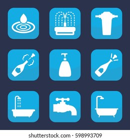 drop icon. Set of 9 filled drop icons such as shower, soap, water drop, opened champagne, fountain, champagne
