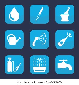 Drop icon. set of 9 filled drop icons such as shower, opened champagne, watering can, harden hose, fountain, pipette, champagne, drop