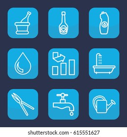 Drop icon. set of 9 outline drop icons such as shower, graph, tap, water bottle, garden tools, watering can, champagne bottle with heart, champagne