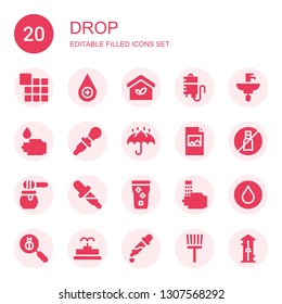 Drop Icon Set. Collection Of 20 Filled Drop Icons Included Menu, Blood Drop, Eco House, Blood Transfusion, Sink, WASHING HANDS, Dropper, Umbrella, Print, No Liquids, Honey, Water