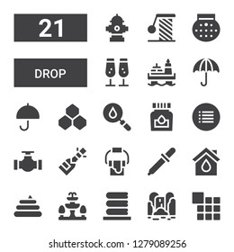 drop icon set. Collection of 21 filled drop icons included Menu, Waterfall, Washing, Fountain, Poo, Eco house, Eyedropper, Paint bucket, Champagne, Pipe, Ink, Blood, Benzene, Umbrella