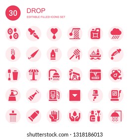 drop icon set. Collection of 30 filled drop icons included Blood, Dropper, Scratching, Jerrycan, Raindrop, Umbrella, Antiseptic, Honey, Oil, Nail polish, Shower, Printing, Champagne
