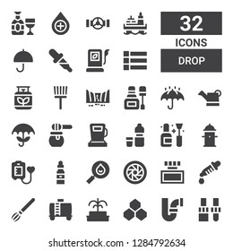 drop icon set. Collection of 32 filled drop icons included Dropper, Pipe, Benzene, Fountain, Water tank, Paint brush, Ink, Lens, Drop, Blood donation, Hydrant, Nail polish, Water